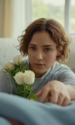 a woman is sitting on the couch with flowers in her hand