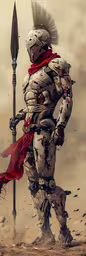 a man with a sword and an armor stands by a red dreary flag,a knight dressed in armor is walking in the desert