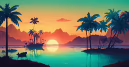 there are palm trees near the ocean and boats,an ocean with lots of palm trees on it