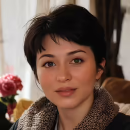 a woman that is wearing a sweater and scarp