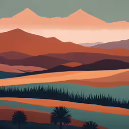 this painting has a palm tree and sunset and is green,an image of painting with mountains in the background