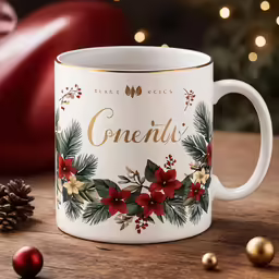christmas coffee mug with wording on front surrounded by decorations