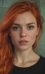 a young woman with long red hair and blue eyes