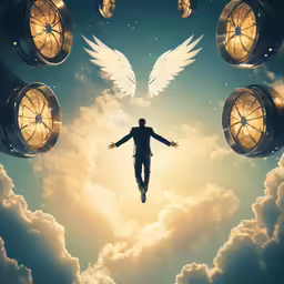 the poster for man with wings flying above his head