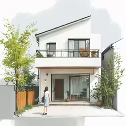 the woman stands outside of her home and is facing the rear entrance