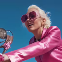 a young woman in pink sunglasses is holding a tennis racquet