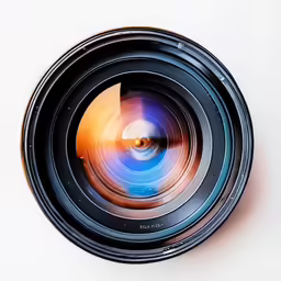 an electronic camera lens that is on a white surface