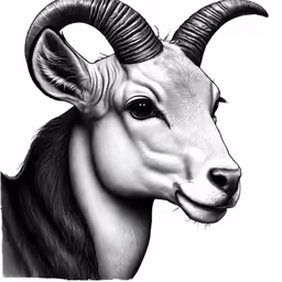 a black and white drawing of a horned animal