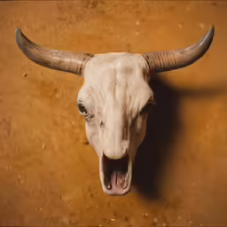 an ox skull with large horns showing in a room