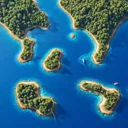 an aerial shot of two different sized islands