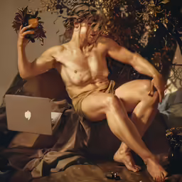 the statue shows an nude man on a laptop