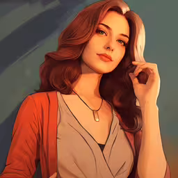 woman wearing red blouse, with long dark hair holding up a shell in one hand and her other hand on her head,a woman holding her hair to her side