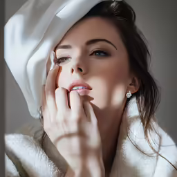 a beautiful woman wearing a white coat and a white towel