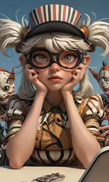 a painting of a woman in glasses and a hat with cats around her