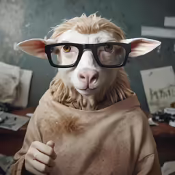 a white sheep with glasses wrapped in a brown towel
