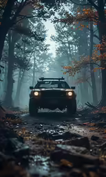 a car driving down a road in the woods