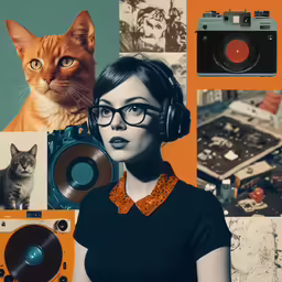 a woman is surrounded by vintage pictures and old record players