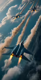 four jet fighter planes flying together through the air