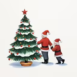 two santas standing in front of a christmas tree