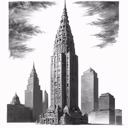 a very tall building next to other large buildings