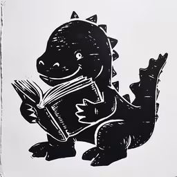a stencil drawing of a dinosaur reading a book,an illustration of a dinosaur reading a book
