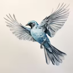 a blue bird flies through the air in front of a light background,an image of a bird flying high in the sky