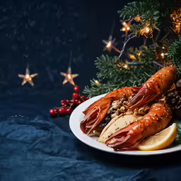 there is a plate of cooked lobster with lemon slices