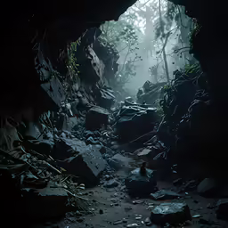 an entrance to a dark underground forest filled with moss