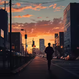 man walks alone on sidewalk during sun setting