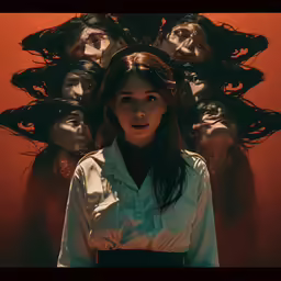 a girl stands in front of many people with black hair
