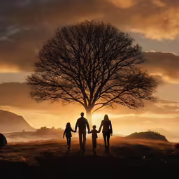 a group of people standing under a tree as the sun sets