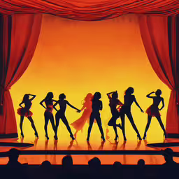 silhouettes of ladies standing at a stage,five female fashion models on stage with an orange background