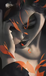 a woman holding her hand over her face with orange leaves flying out of it