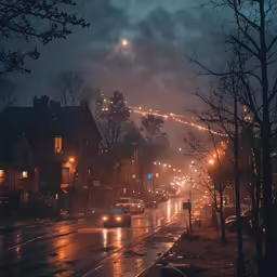 car lights shine bright on a night lit street