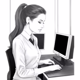 a woman at her desk in black and white