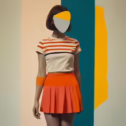 a woman is wearing an orange and white dress