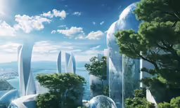 a futuristic city with trees, blue buildings, and green shrubs