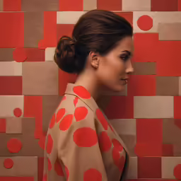 a woman standing in front of a wall of orange squares