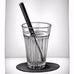 the toothbrushes are in a glass on a coaster