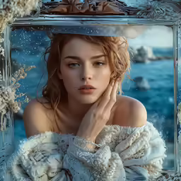 a woman in winter clothing leaning against a mirror, wearing an oversized coat