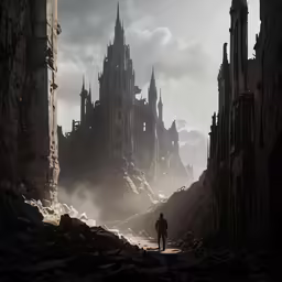 a person is walking away from an old castle