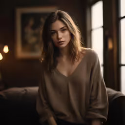 a woman with shoulder length hair and a tan sweater is sitting in a dimly lit room