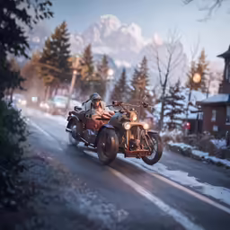 the two motorcyclists are going down the snowy road