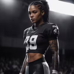 a woman with tattoo poses in football uniform