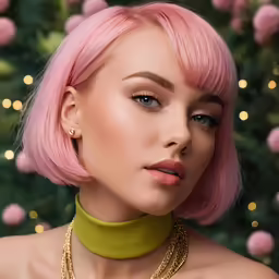 a young blond with pink hair wearing a green halter top
