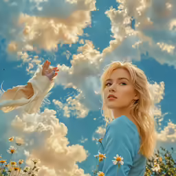 the beautiful blonde woman has a hand reaching into the air