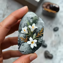 there is a rock with some flowers on it