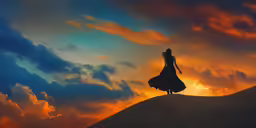 a woman in a dress standing on top of a hill under a cloudy sky