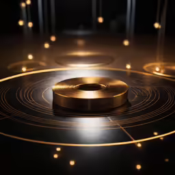 a group of golden circles with lit lights around it