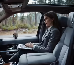 a business woman on a laptop in a car